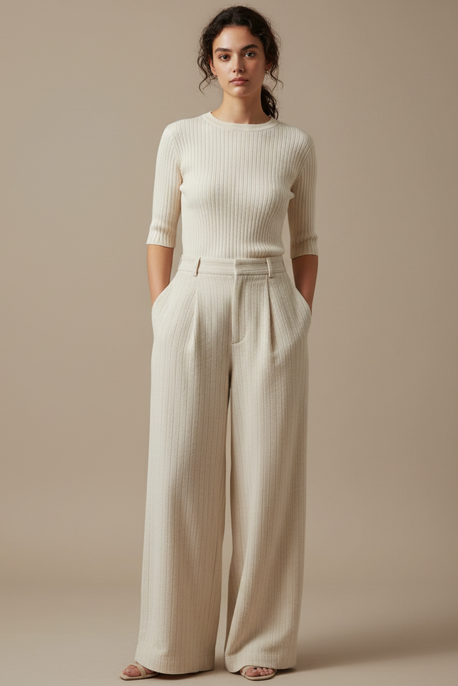 Pantalon Japonais Crème Ample Droit Élégant Plissé - Beige Tweed