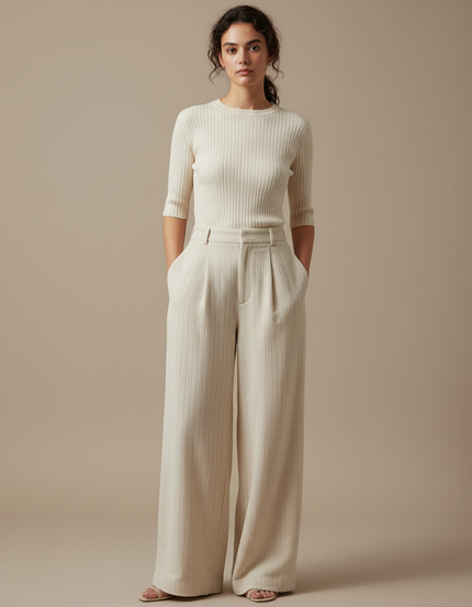 Pantalon Japonais Crème Ample Droit Élégant Plissé - Beige Tweed