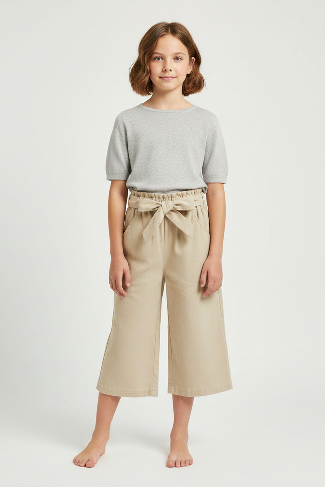 Pantalon Japonais Beige Ample Coton Taille Haute Fille - Toile