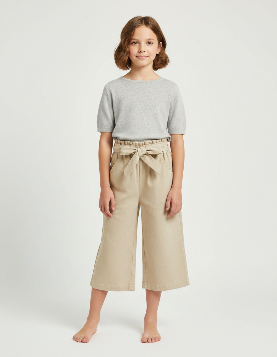 Pantalon Japonais Beige Ample Coton Taille Haute Fille - Toile