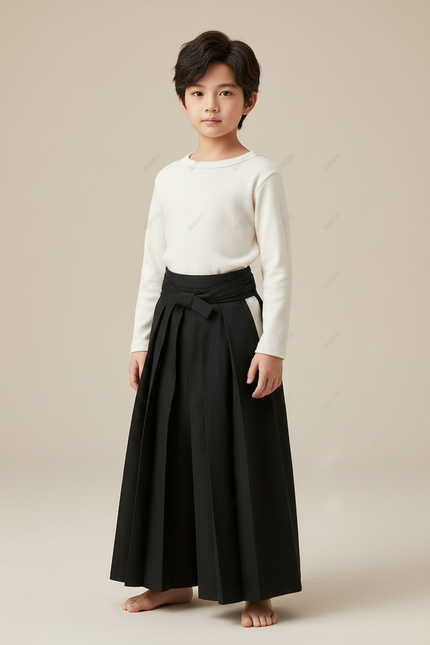Pantalon Japonais Noir Plissé Ample Traditionnel - Polyester