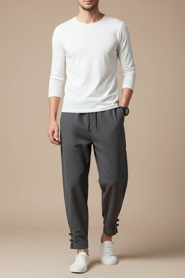 Pantalon Japonais Gris Lin Ample Décontracté Boutons