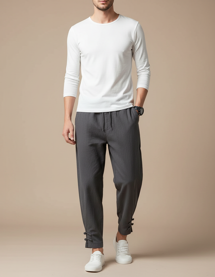 Pantalon Japonais Gris Lin Ample Décontracté Boutons