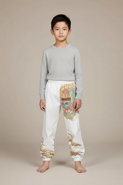 Pantalon Japonais Blanc Ample Dragon Garçon Coton