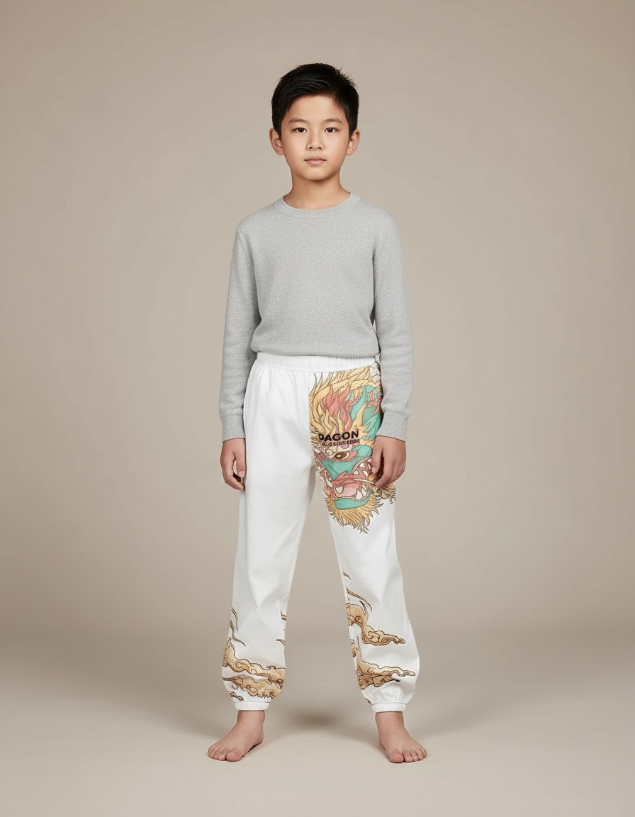 Pantalon Japonais Blanc Ample Dragon Garçon Coton
