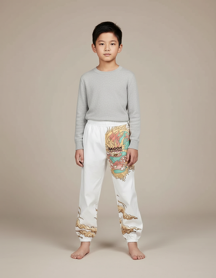 Pantalon Japonais Blanc Ample Dragon Garçon Coton