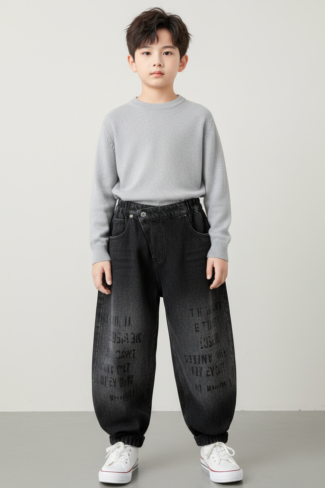 Pantalon Japonais Noir Distressed Ample Lettres Enfant - Jean