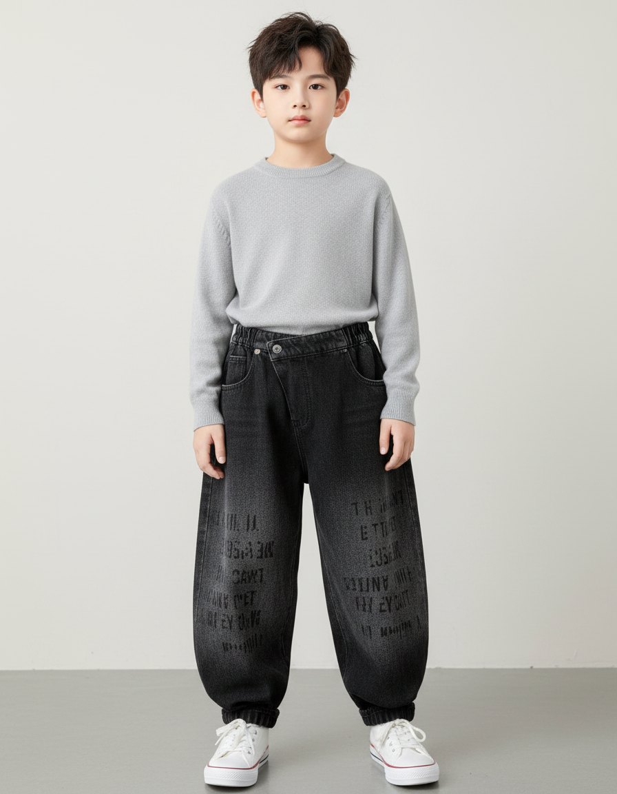 Pantalon Japonais Noir Distressed Ample Lettres Enfant - Jean