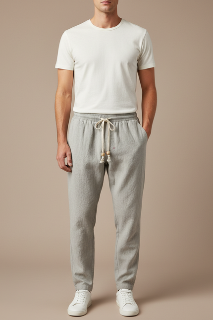 Pantalon Japonais Lin Gris Ample Cordon Décontracté Homme
