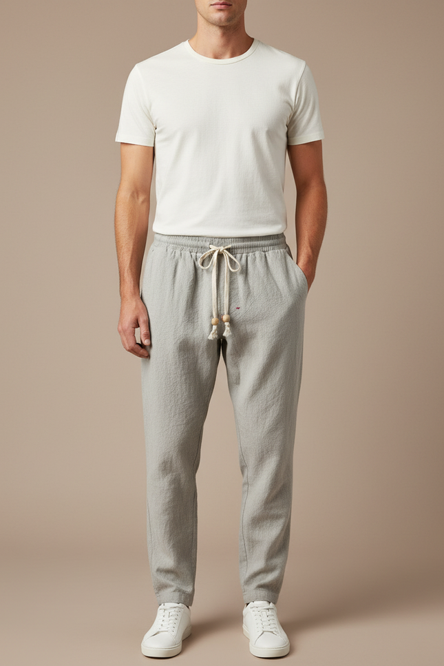 Pantalon Japonais Lin Gris Ample Cordon Décontracté Homme