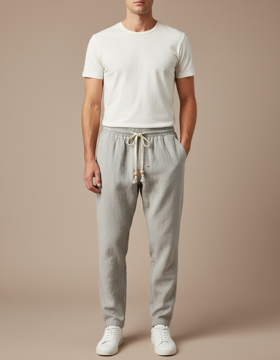 Pantalon Japonais Lin Gris Ample Cordon Décontracté Homme