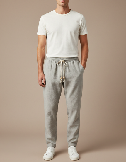 Pantalon Japonais Lin Gris Ample Cordon Décontracté Homme