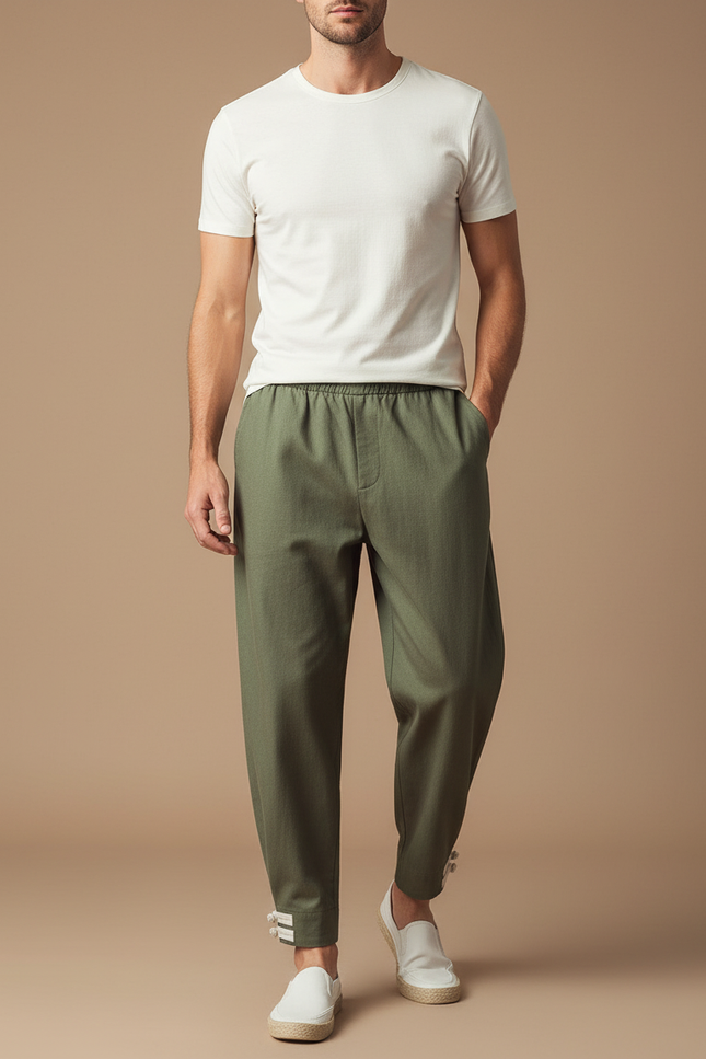 Pantalon Japonais Vert Ample Coton Homme Décontracté - Kaki