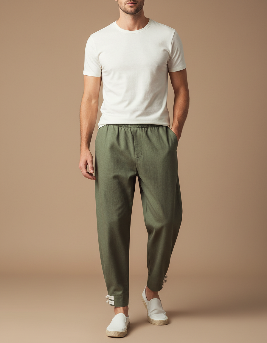 Pantalon Japonais Vert Ample Coton Homme Décontracté - Kaki