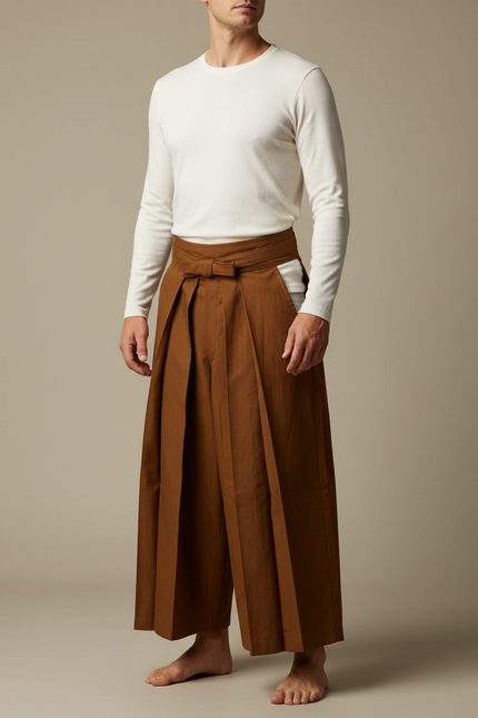 Pantalon Japonais Marron Ample Plissé Coton Homme