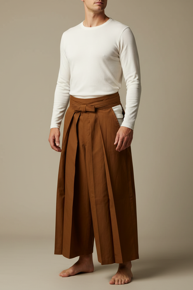 Pantalon Japonais Marron Ample Plissé Coton Homme