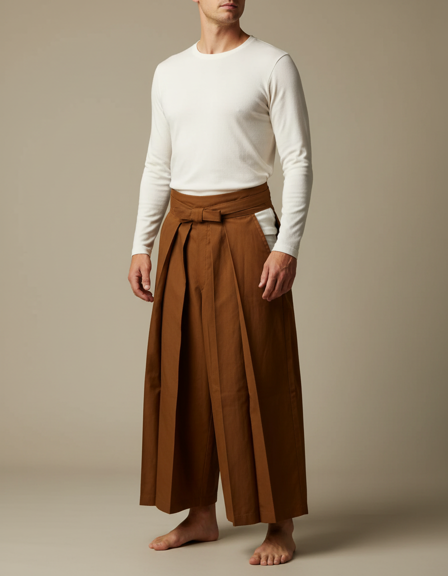 Pantalon Japonais Marron Ample Plissé Coton Homme