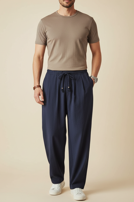 Pantalon Japonais Bleu Marine Ample Décontracté Léger Fluide - Lin
