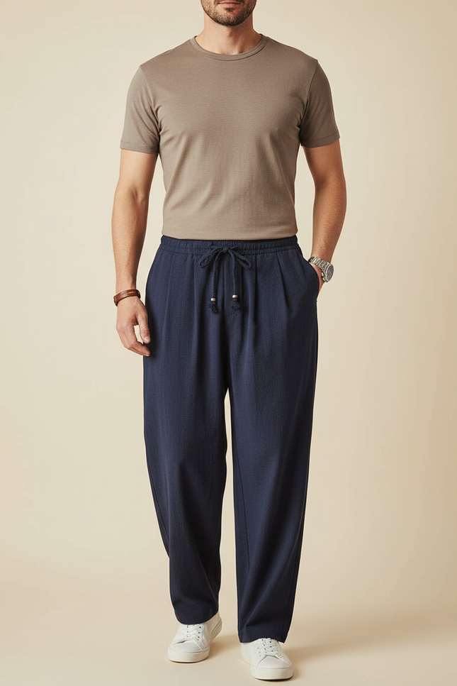 Pantalon Japonais Bleu Marine Ample Décontracté Léger Fluide - Lin