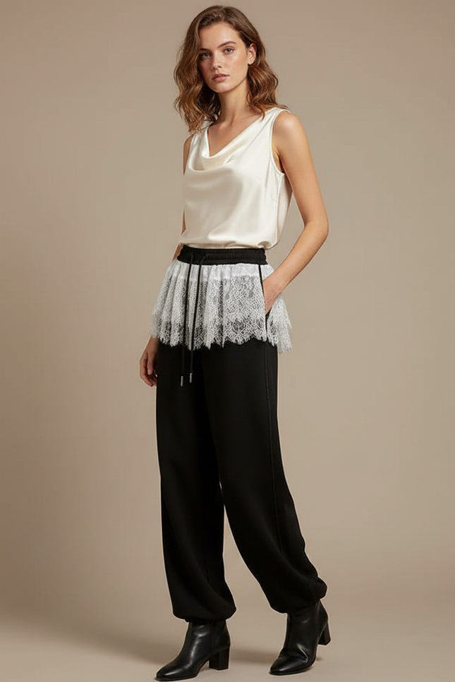 Pantalon Japonais Noir Fluide Dentelle Taille Haute - Viscose