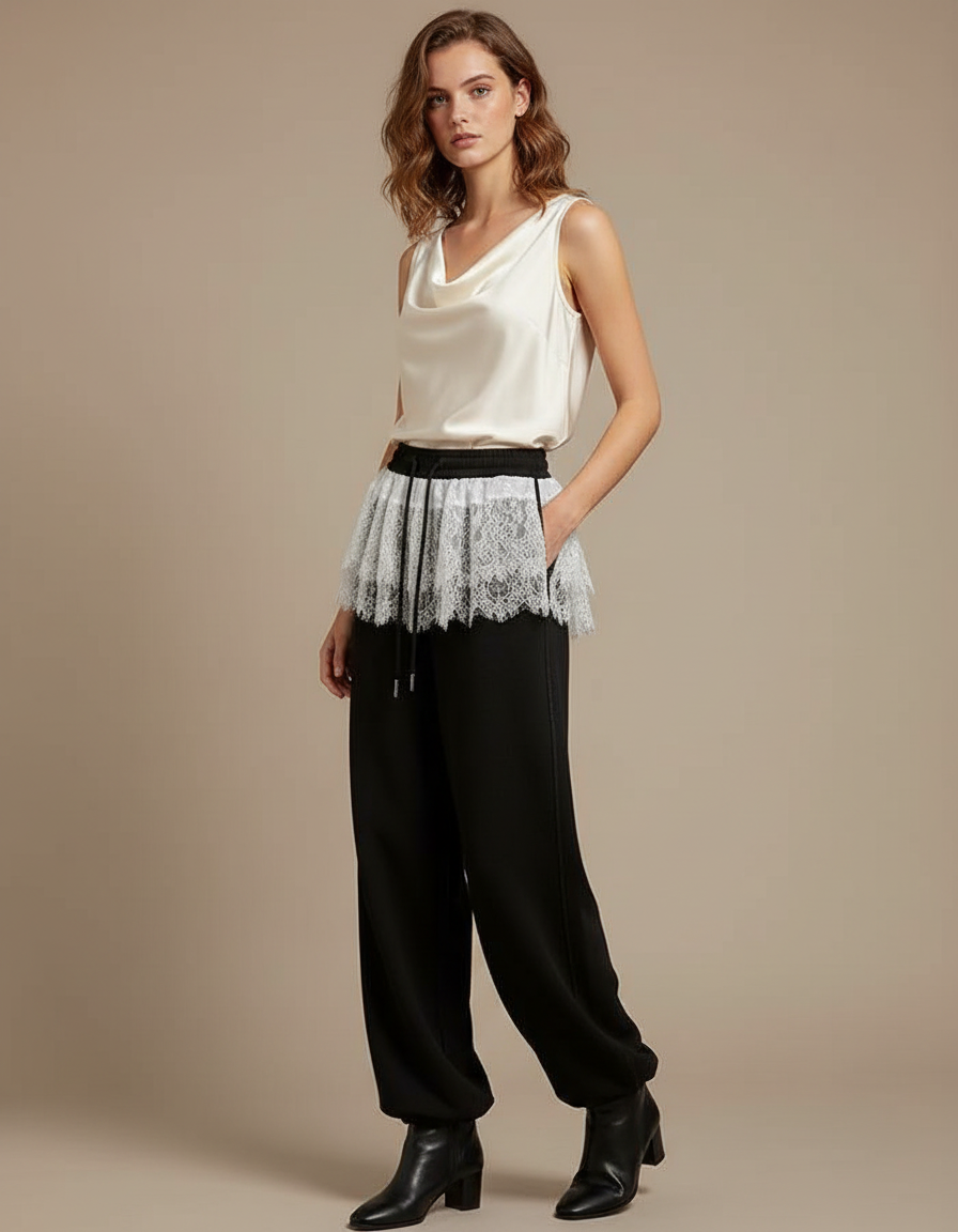 Pantalon Japonais Noir Fluide Dentelle Taille Haute - Viscose