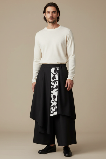 Pantalon Japonais Noir Superposé Asymétrique Floral Ample - Polyester