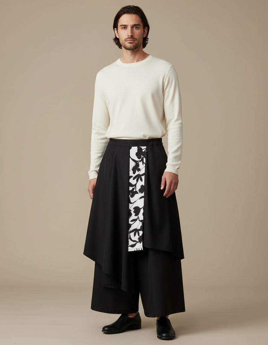 Pantalon Japonais Noir Superposé Asymétrique Floral Ample - Polyester