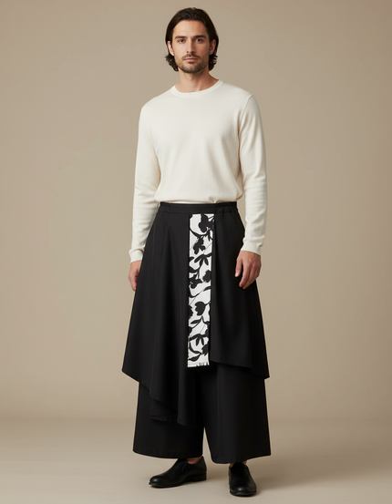 Pantalon Japonais Noir Superposé Asymétrique Floral Ample - Polyester