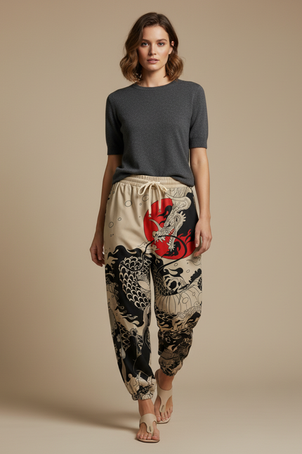 Pantalon Japonais Dragon Soleil Ample Coton Beige