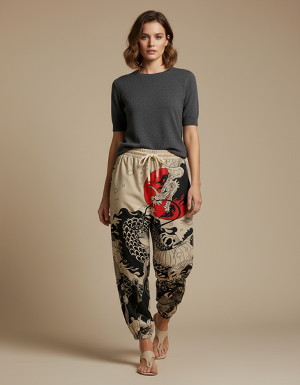 Pantalon Japonais Dragon Soleil Ample Coton Beige