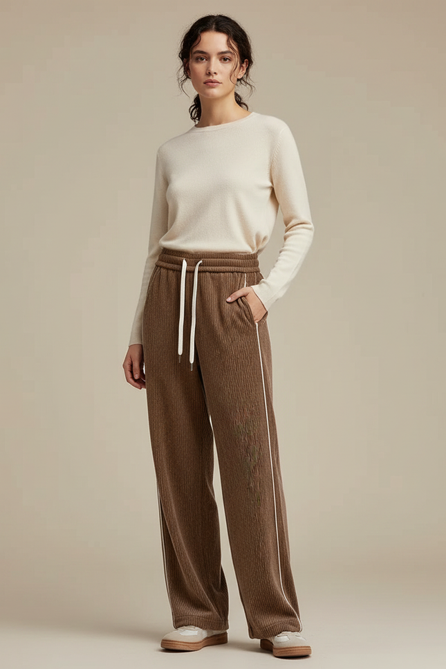 Pantalon Japonais Marron Côtelé Ample Décontracté Blanc - Cordé
