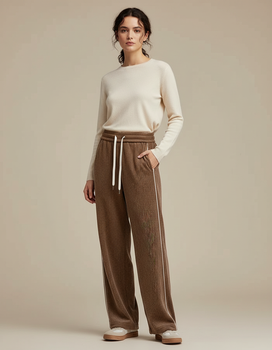 Pantalon Japonais Marron Côtelé Ample Décontracté Blanc - Cordé