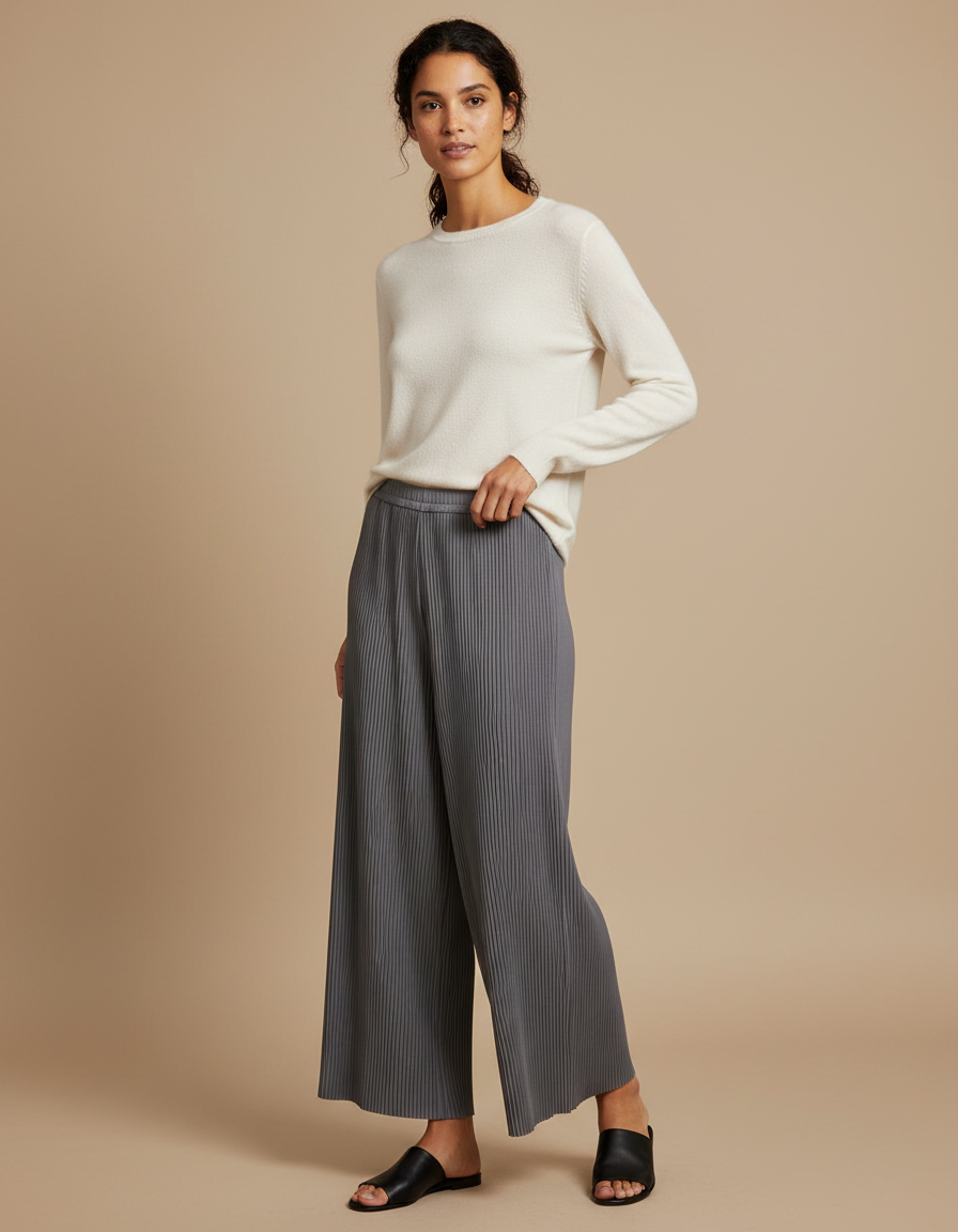 Pantalon Japonais Plissé Ample Fluide Gris Femme - Polyester