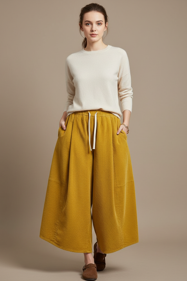 Pantalon Japonais Côtelé Ample Moutarde Confortable Décontracté - Jaune Cordé