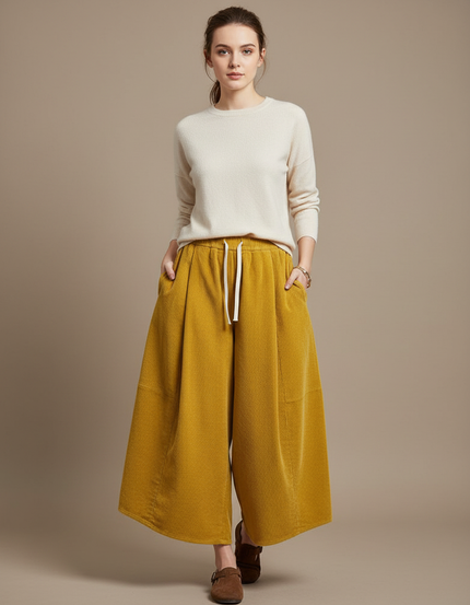 Pantalon Japonais Côtelé Ample Moutarde Confortable Décontracté - Jaune Cordé