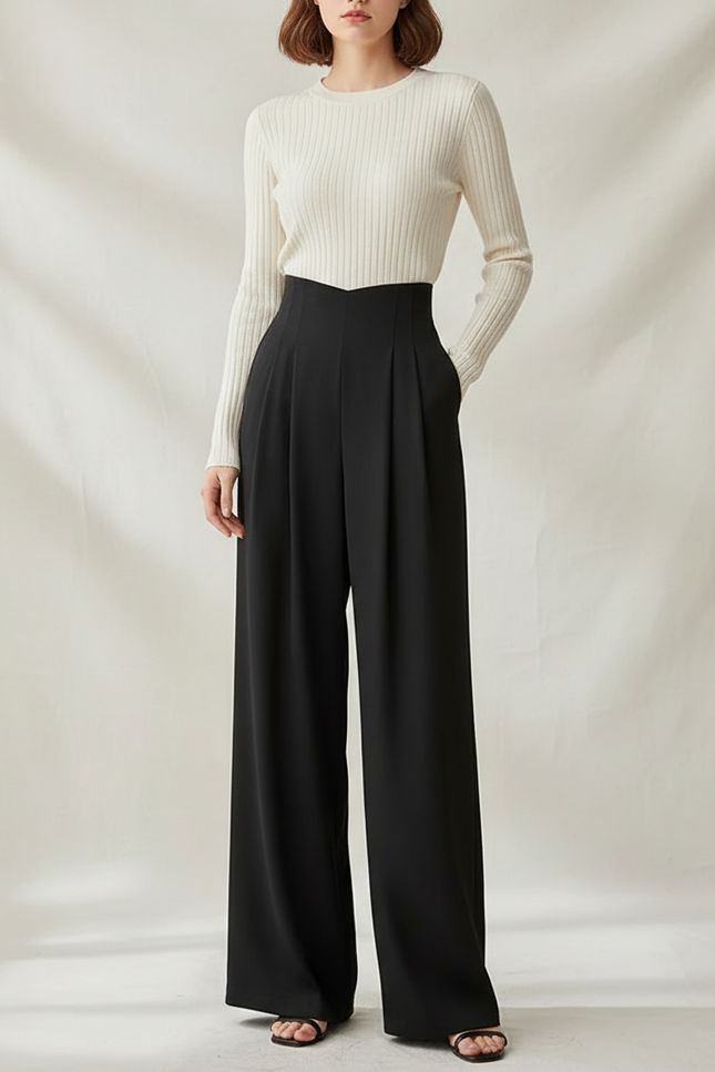 Pantalon Japonais Noir Fluide Plissé Ample Femme - Polyester