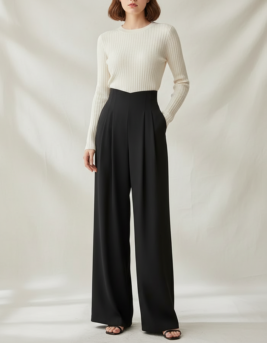 Pantalon Japonais Noir Fluide Plissé Ample Femme - Polyester