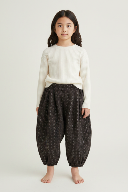 Pantalon Japonais Marron Imprimé Floral Ample Hiver Fille - Laine