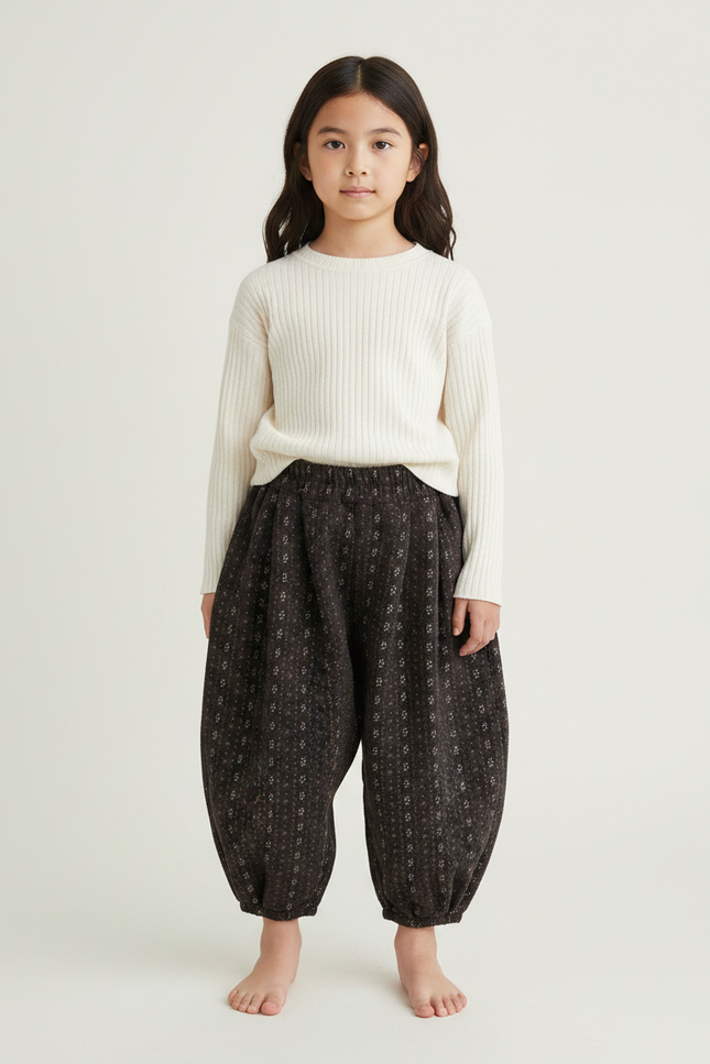 Pantalon Japonais Marron Imprimé Floral Ample Hiver Fille - Laine
