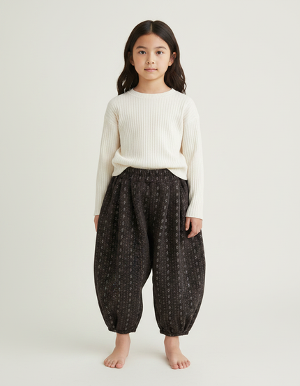 Pantalon Japonais Marron Imprimé Floral Ample Hiver Fille - Laine