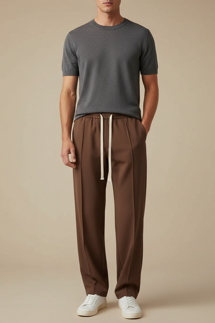 Pantalon Japonais Marron Droit Cordon Décontracté Fluide - Polyester