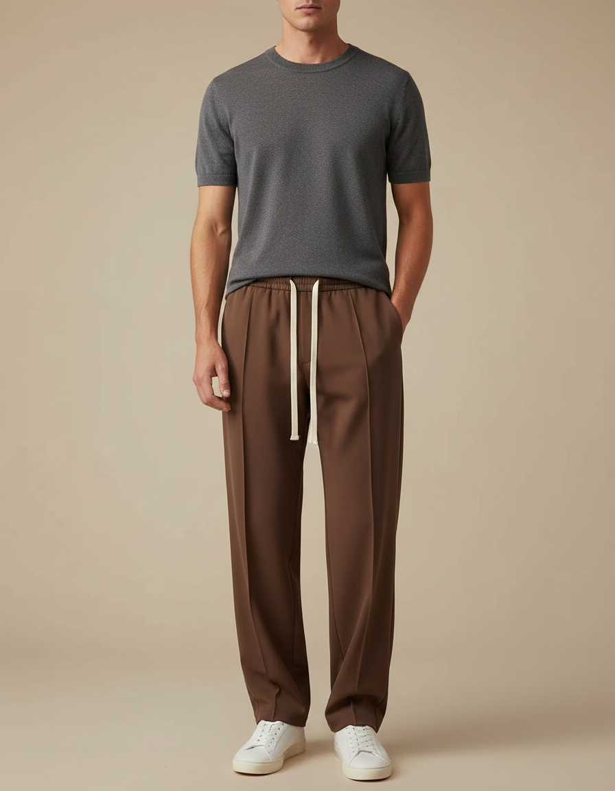 Pantalon Japonais Marron Droit Cordon Décontracté Fluide - Polyester