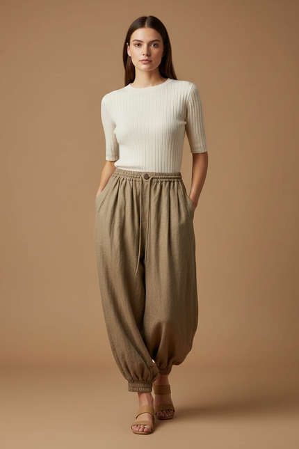 Pantalon Japonais Kaki Ample Lin Confortable Chevilles Élastiques
