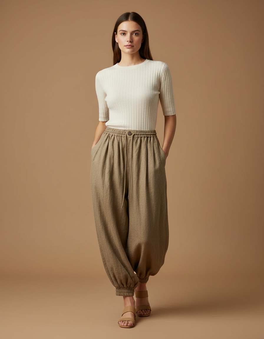 Pantalon Japonais Kaki Ample Lin Confortable Chevilles Élastiques