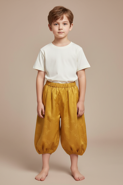 Pantalon Japonais Jaune Ample Satin Brodé Enfant