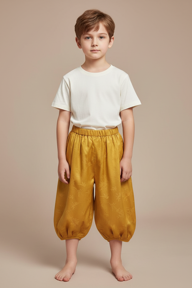 Pantalon Japonais Jaune Ample Satin Brodé Enfant