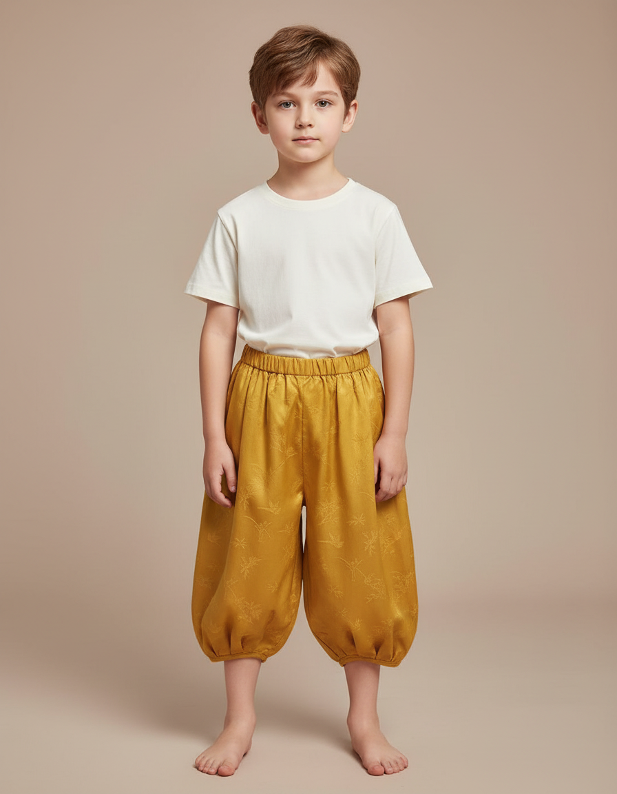 Pantalon Japonais Jaune Ample Satin Brodé Enfant