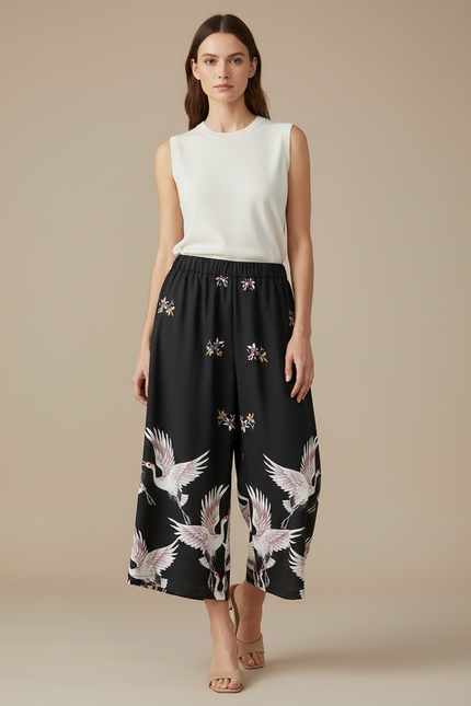 Pantalon Japonais Noir Fluide Ample Imprimé Grue - Viscose