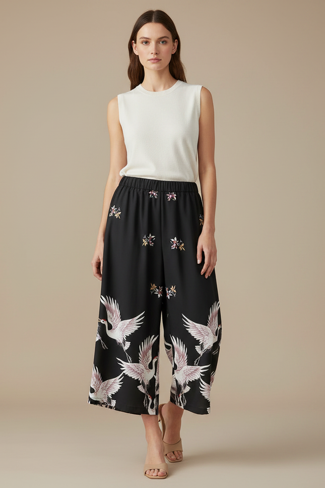 Pantalon Japonais Noir Fluide Ample Imprimé Grue - Viscose