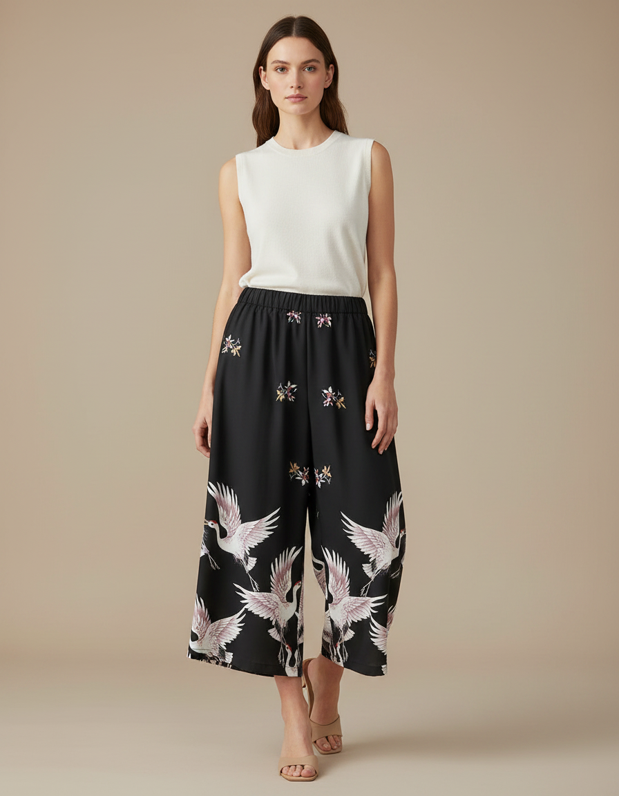 Pantalon Japonais Noir Fluide Ample Imprimé Grue - Viscose
